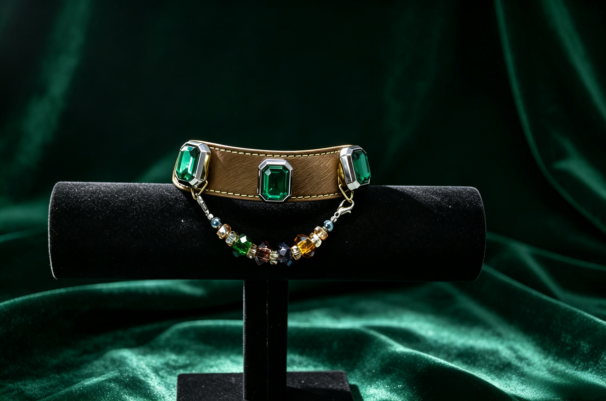 Luxury Emerald Gemstone Pet Collar - Handmade Leather & Crystal Charm