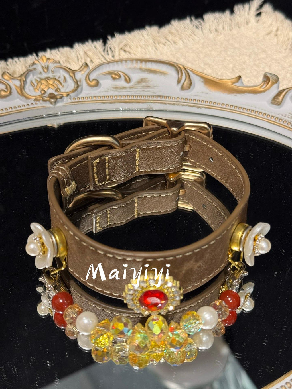 Brown Leather Dog Collar with Red Ruby Centerpiece & Pearl Chain