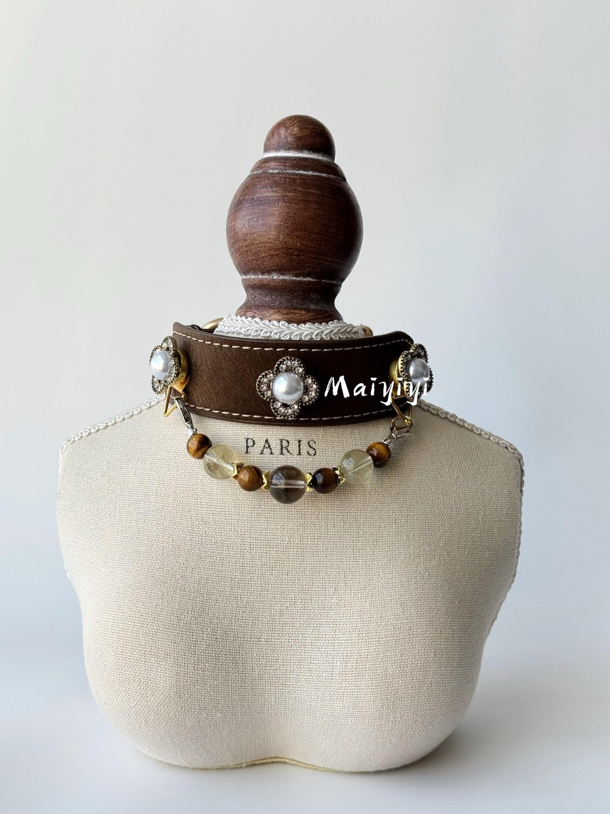 Brown Leather Dog Collar with Tiger Eye Beads & Pearl Flower Charms