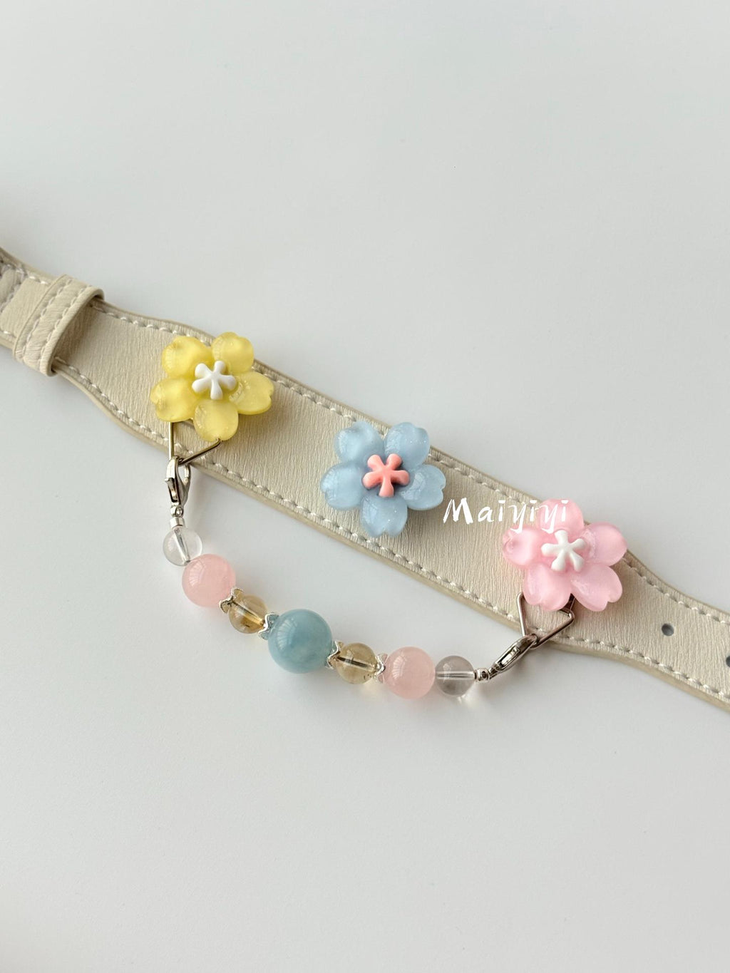 Cream Leather Dog Collar with Pastel Flowers & Rainbow Bead Chain