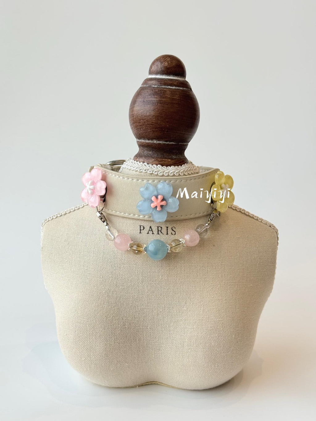 Cream Leather Dog Collar with Pastel Flowers & Rainbow Bead Chain
