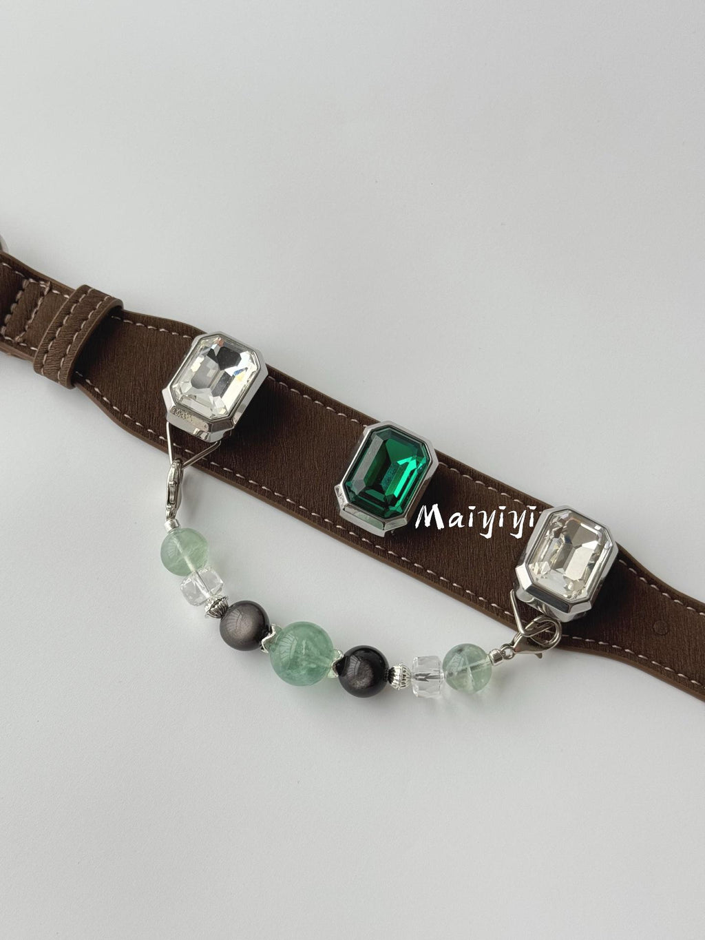 Brown Leather Dog Collar with Emerald Green Gem & Crystal Bead Chain