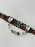 Brown Leather Dog Collar with Emerald Green Gem & Crystal Bead Chain