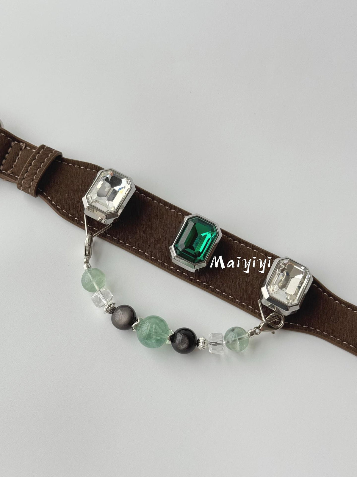 Brown Leather Dog Collar with Emerald Green Gem & Crystal Bead Chain