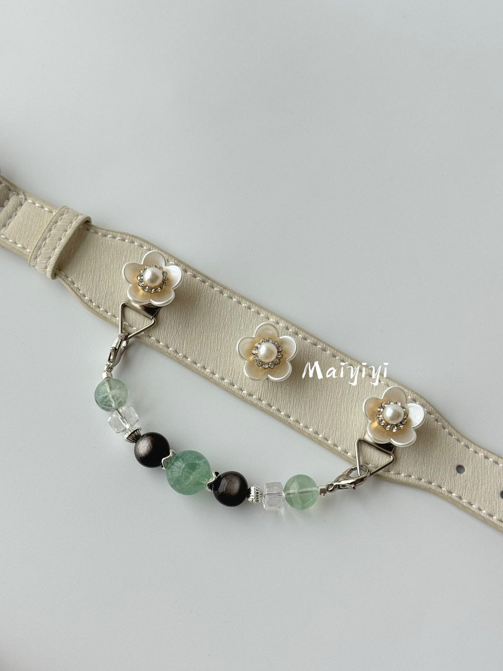 Brown Leather Dog Collar with Emerald Green Gem & Crystal Bead Chain