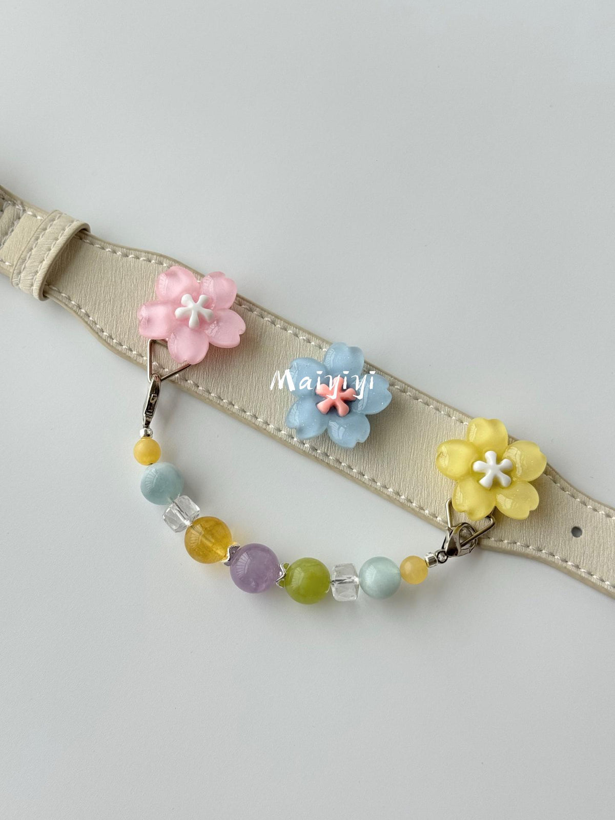 Cream Leather Dog Collar with Pastel Flowers & Rainbow Bead Chain