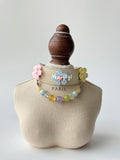 Cream Leather Dog Collar with Pastel Flowers & Rainbow Bead Chain
