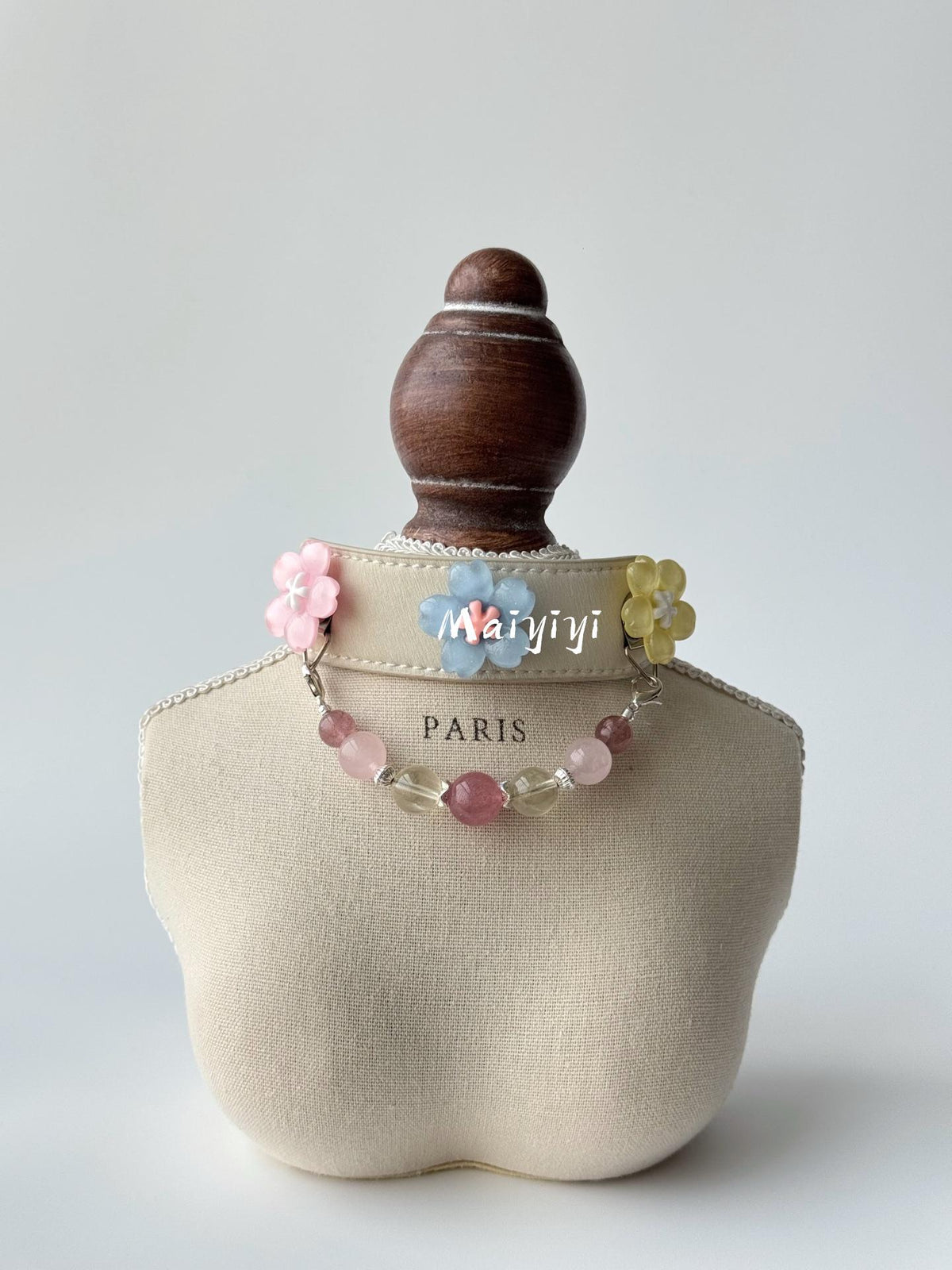 Cream Leather Dog Collar with Pastel Flowers & Rainbow Bead Chain