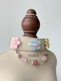 Cream Leather Dog Collar with Pastel Flowers & Rainbow Bead Chain