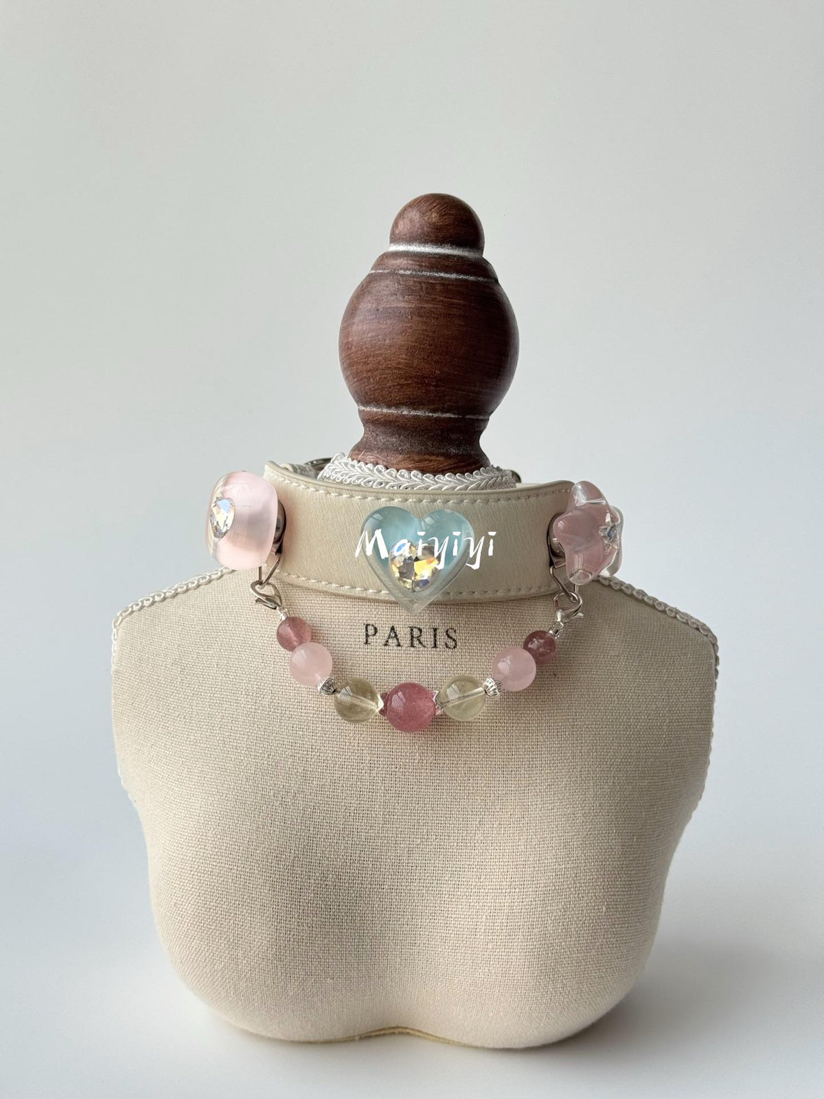 Cream Leather Dog Collar with Pastel Flowers & Rainbow Bead Chain