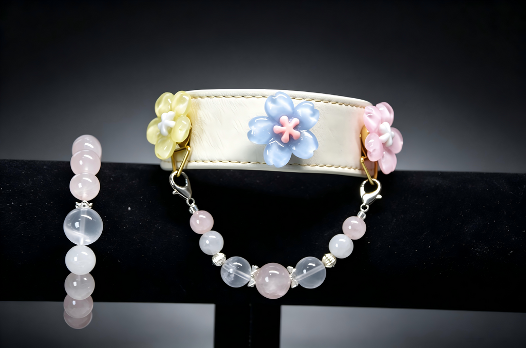 Matching Human & Pet Sakura Collar Set, Rose Quartz Beaded Jewelry