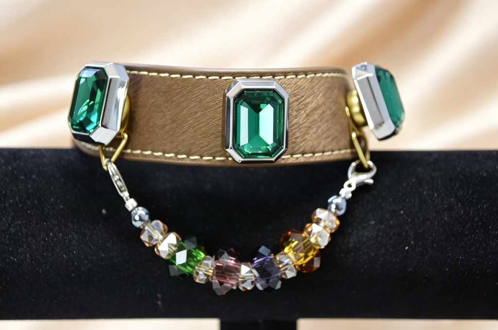 Luxury Emerald Gemstone Pet Collar - Handmade Leather & Crystal Charm
