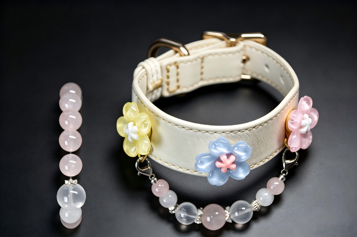 Matching Human & Pet Sakura Collar Set, Rose Quartz Beaded Jewelry