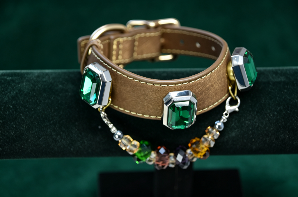 Luxury Emerald Gemstone Pet Collar - Handmade Leather & Crystal Charm