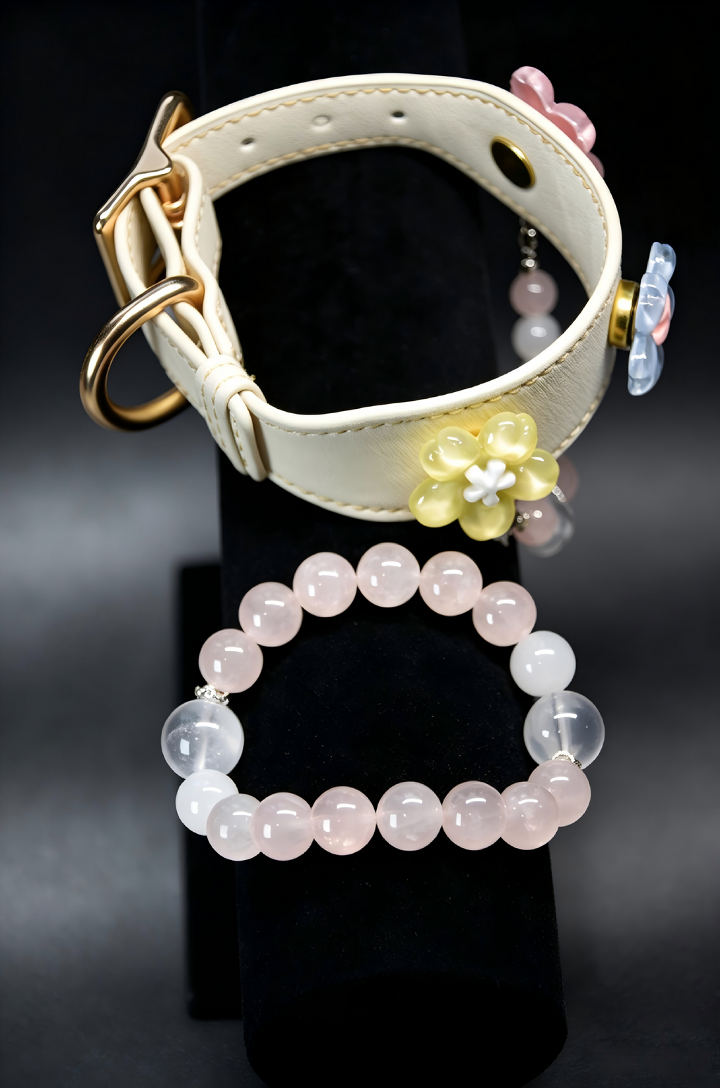 Matching Human & Pet Sakura Collar Set, Rose Quartz Beaded Jewelry
