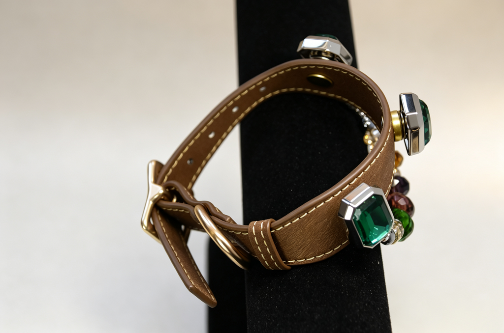 Luxury Emerald Gemstone Pet Collar - Handmade Leather & Crystal Charm