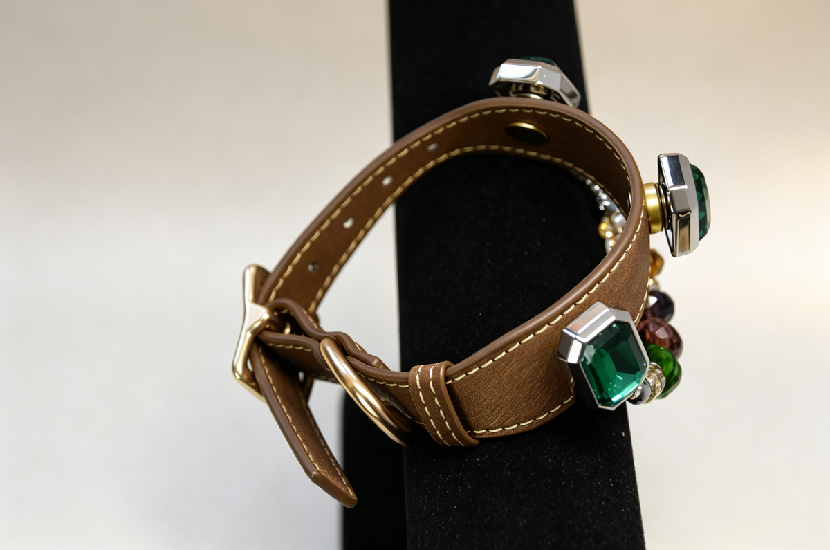 Luxury Emerald Gemstone Pet Collar - Handmade Leather & Crystal Charm
