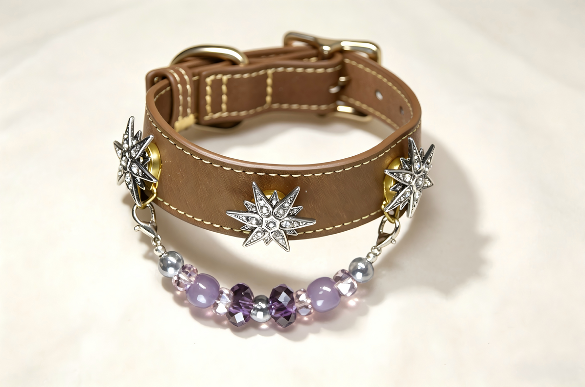 Luxury Stardust Pet Collar - Handmade Leather & Amethyst Crystals