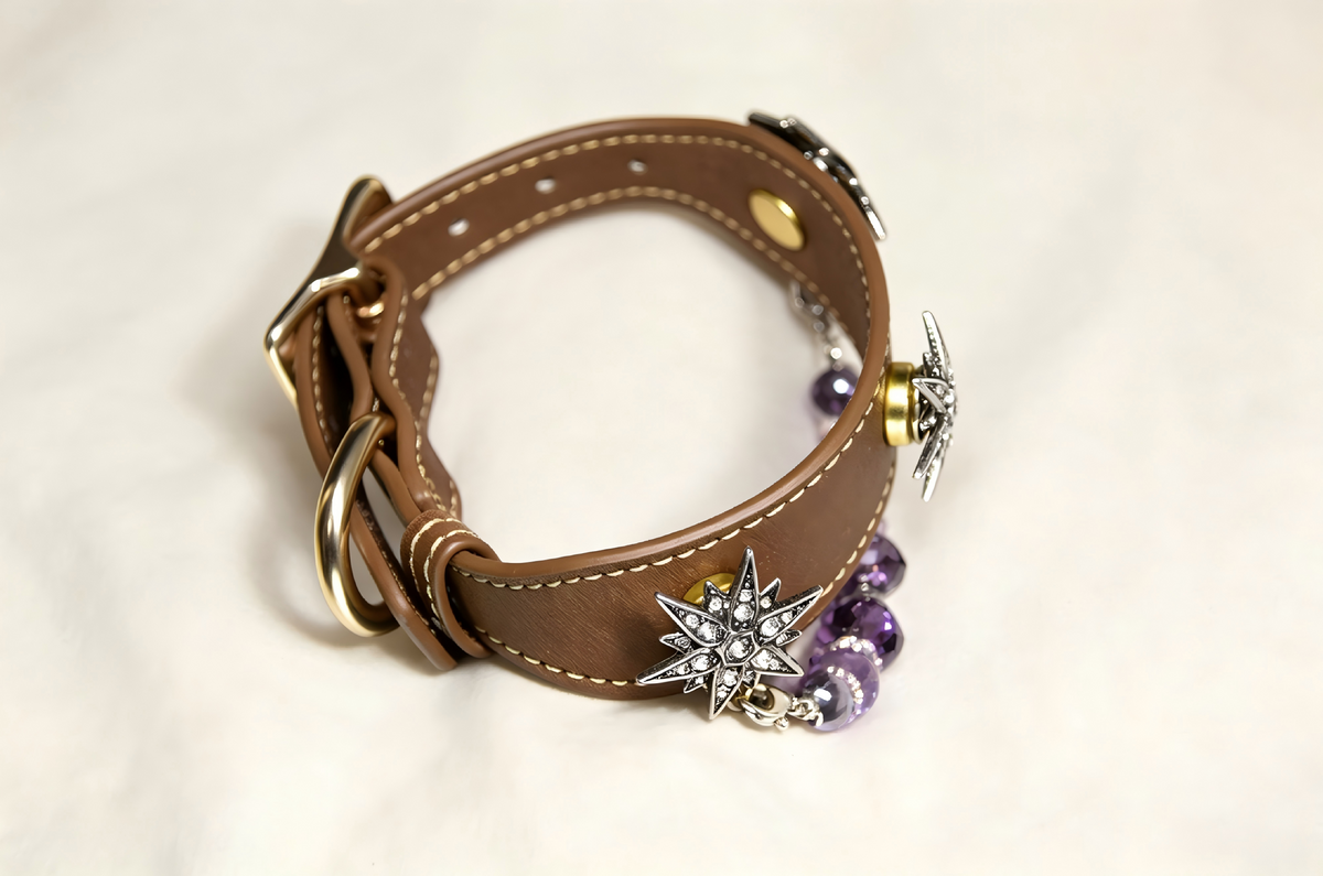 Luxury Stardust Pet Collar - Handmade Leather & Amethyst Crystals